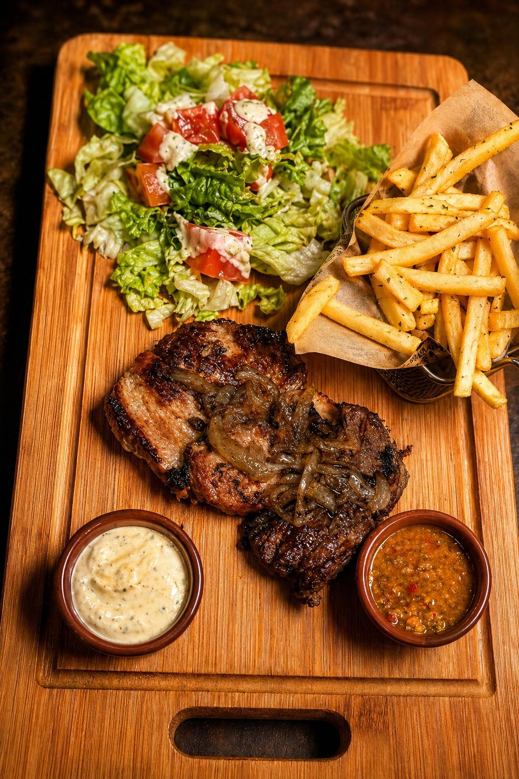 Plat grillé maison avec frites salade et sauces La Havane Nice